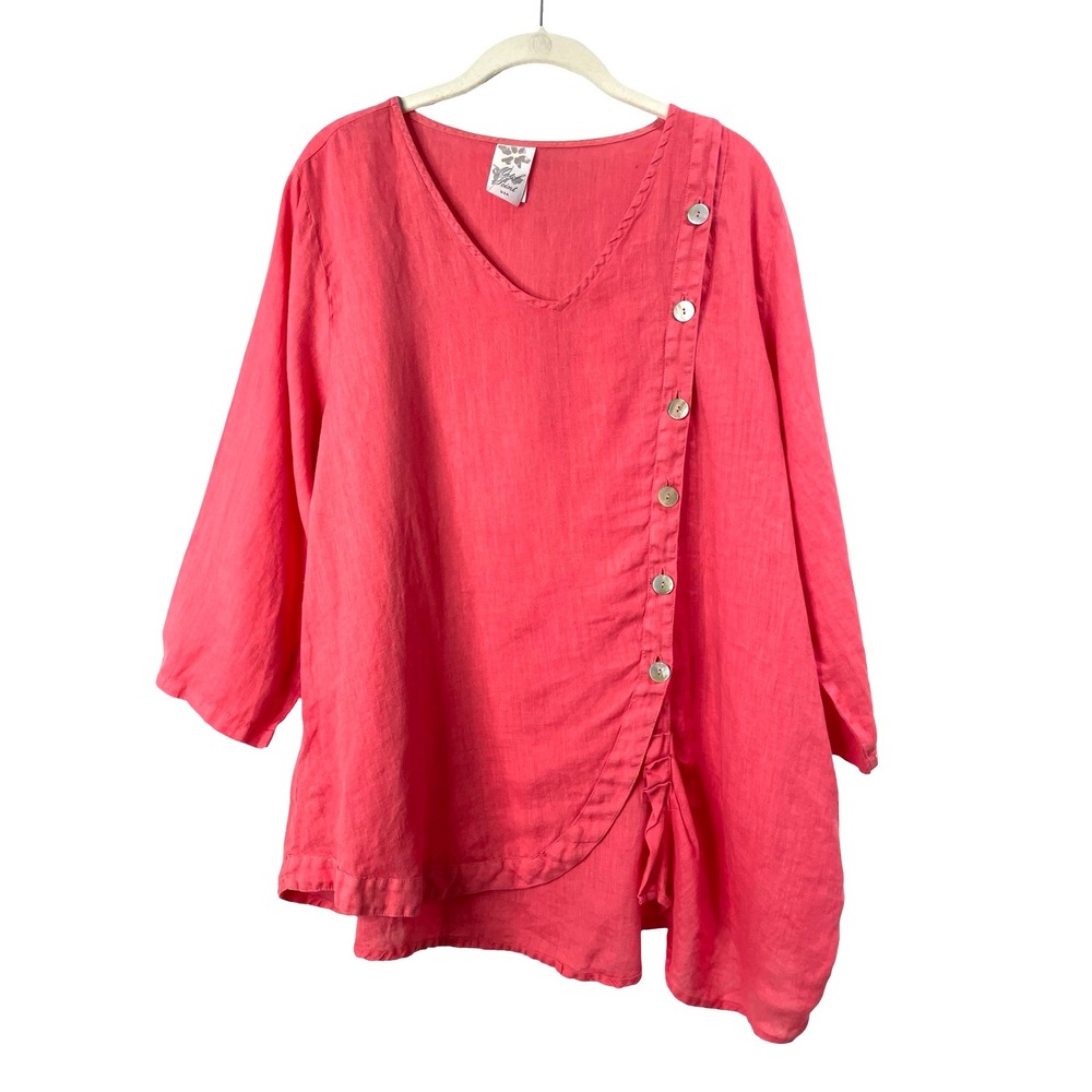 Matchโ Point 100% linen asymmetric button up blouse top Size L salmon lagenlook